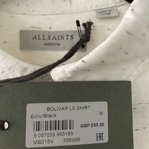 NWT - AllSaints Bolivar LS shirt (medium) - exclusive to UK AllSaints